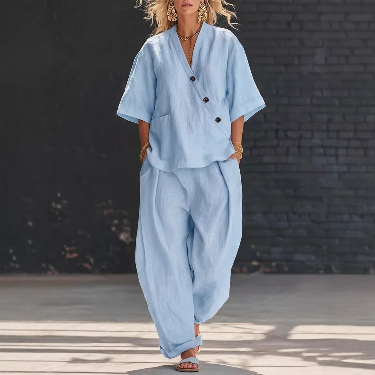 Women’s Two Piece Set Loose V  - Linen Pant Wide บทวิจารณ์และราคา