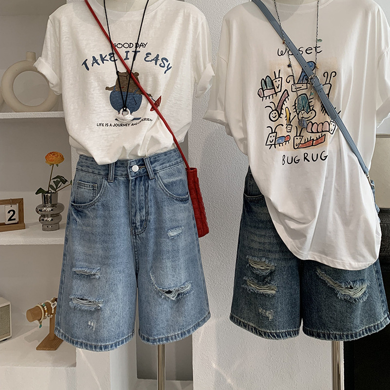 Denim Short Pant Women Jeans V - Shorts Denim Frayed บทวิจารณ์และราคา