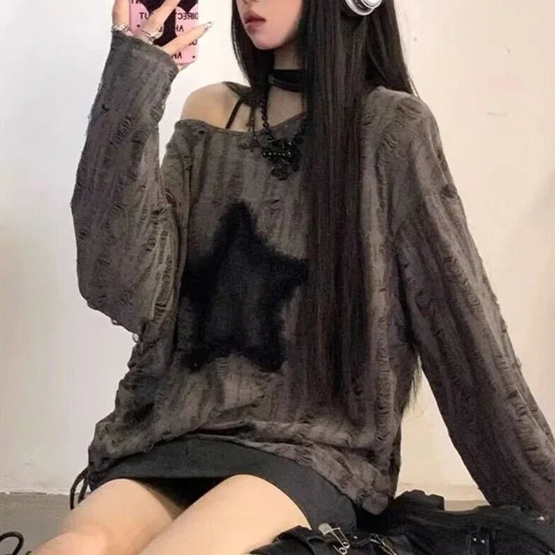 Y2K Hole Star Print T-Shirt Wo - Blouse Off Shoulder บทวิจารณ์และราคา