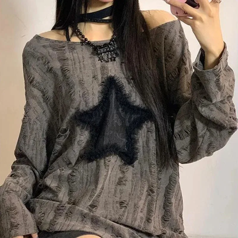 Y2K Hole Star Print T-Shirt Wo - Blouse Off Shoulder บทวิจารณ์และราคา