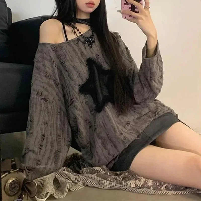 Y2K Hole Star Print T-Shirt Wo - Blouse Off Shoulder บทวิจารณ์และราคา