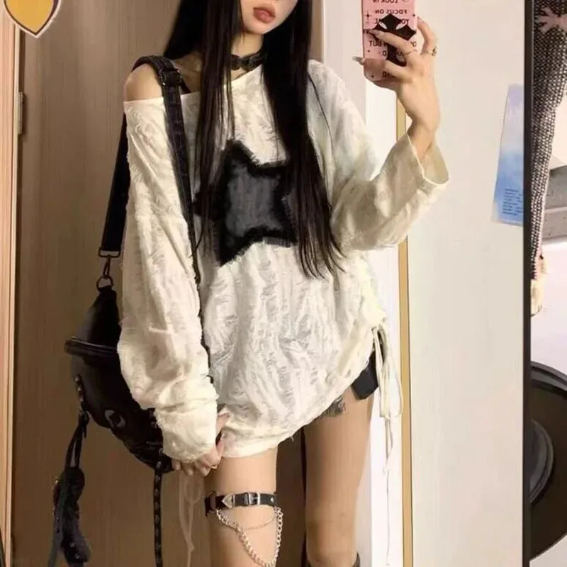 Y2K Hole Star Print T-Shirt Wo - Blouse Off Shoulder บทวิจารณ์และราคา