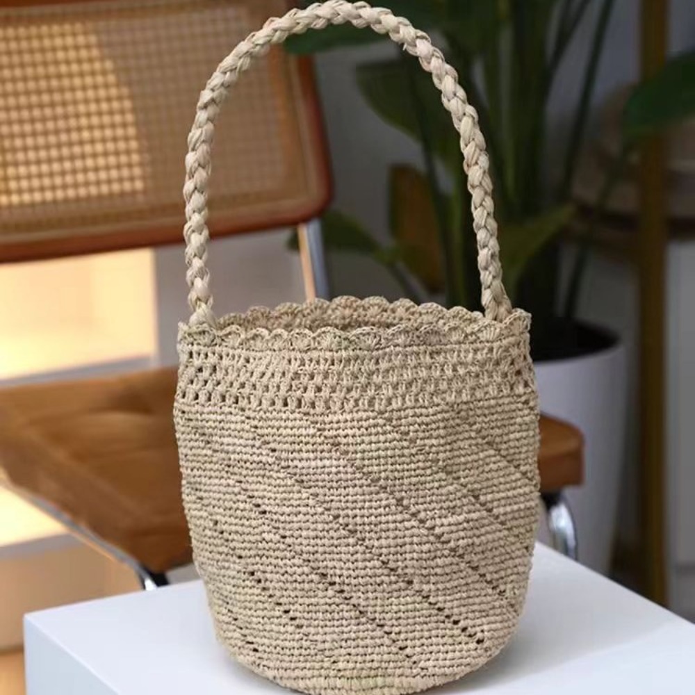 Handmade Crochet Straw Bucket  - Crochet Bag Raffia บทวิจารณ์และราคา
