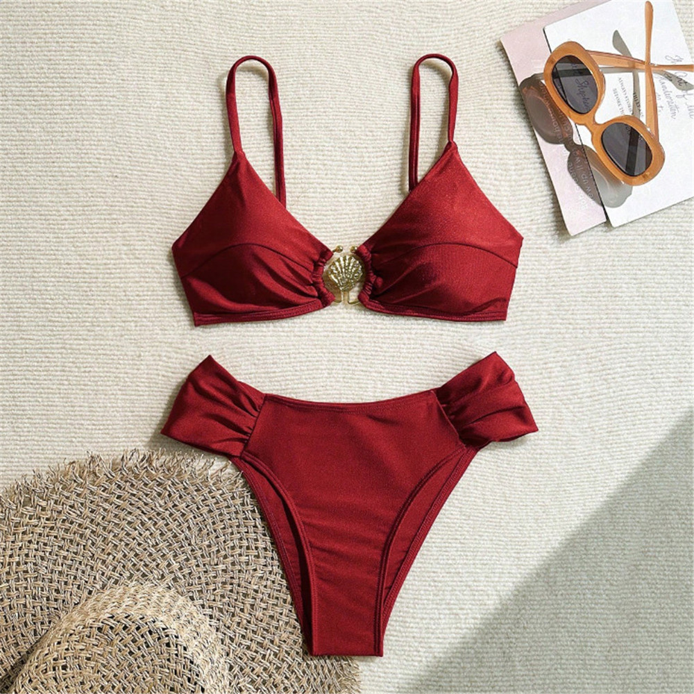 Metal Shell Ring Swimwear Sexy - Swimsuit Bikini Ruched บทวิจารณ์และราคา