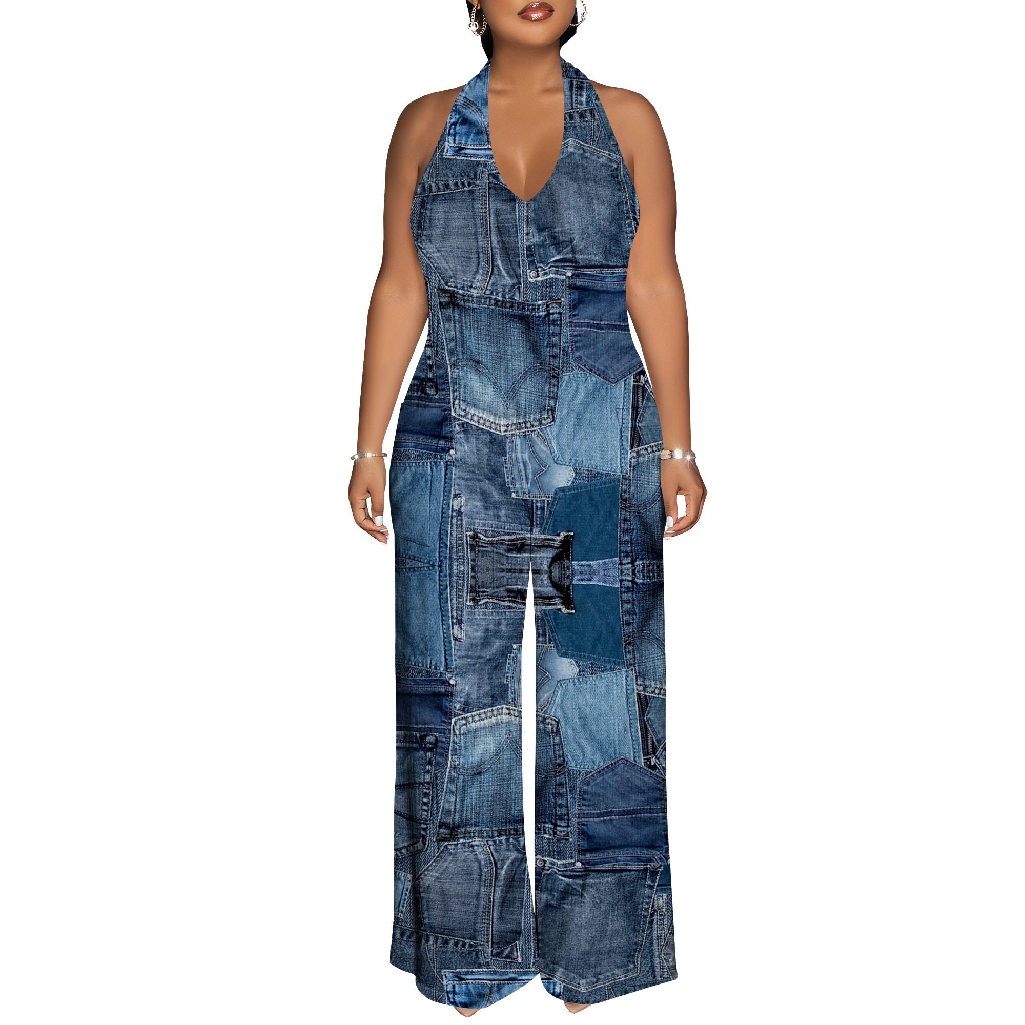 Denim Patchwork Halter V-Neck  - Maxi Dress Halter บทวิจารณ์และราคา