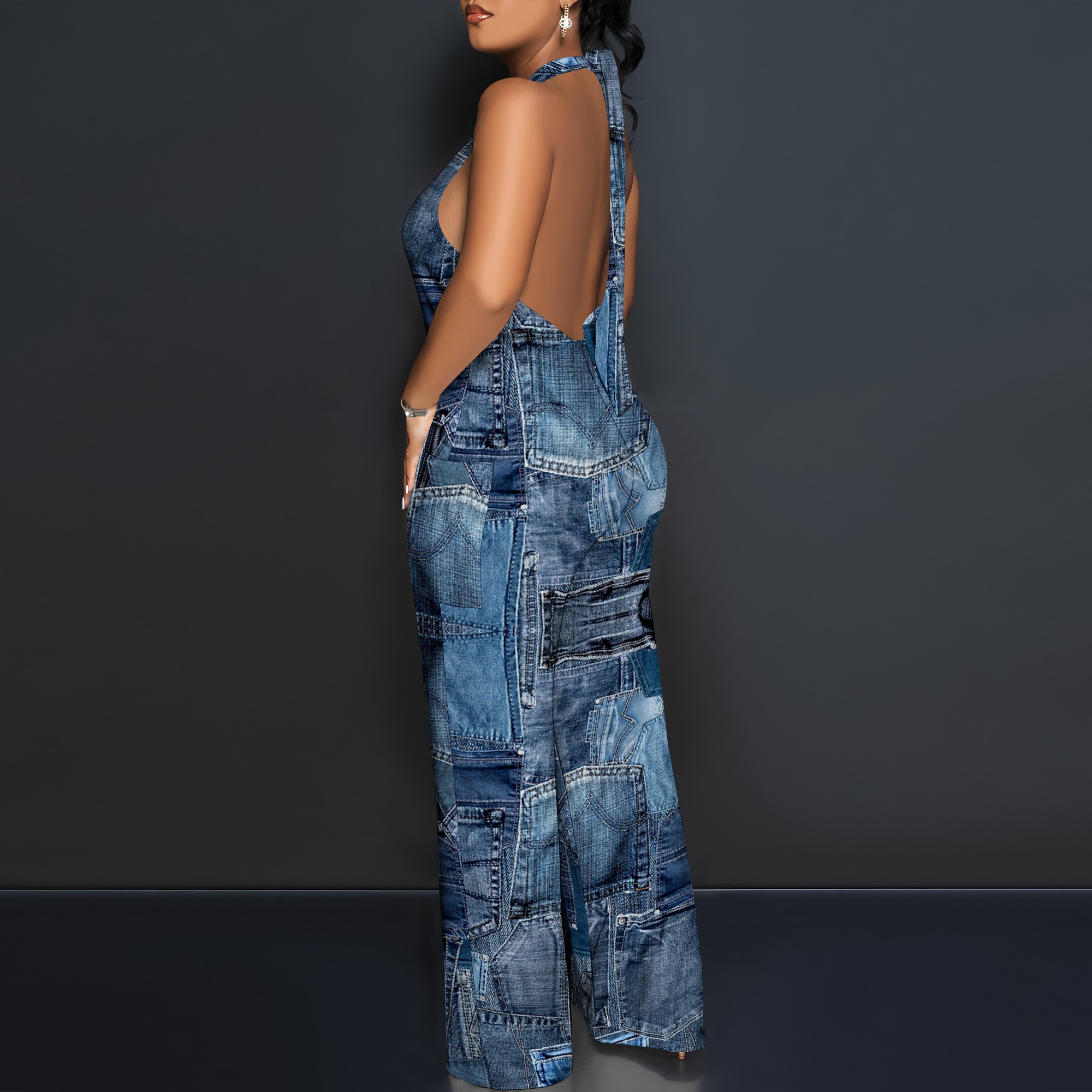 Denim Patchwork Halter V-Neck  - Maxi Dress Halter บทวิจารณ์และราคา