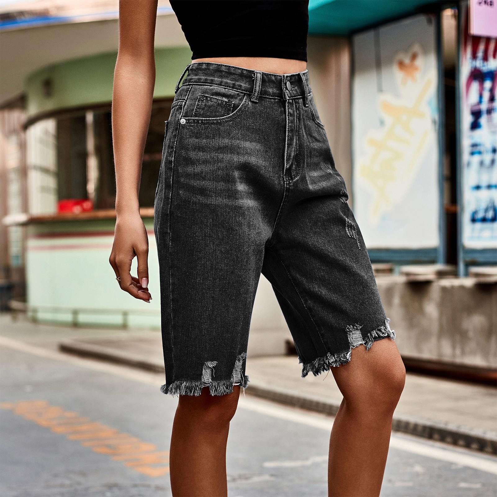 Summer Women's Clothing Distre - Shorts Denim Frayed บทวิจารณ์และราคา