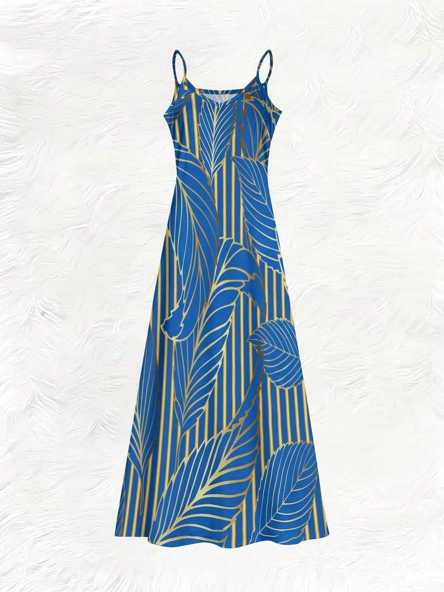 Blue Tropical Leaf Print V-Nec - Maxi Dress Halter บทวิจารณ์และราคา