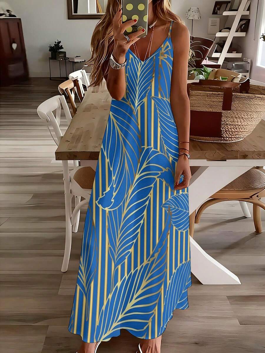 Blue Tropical Leaf Print V-Nec - Maxi Dress Halter บทวิจารณ์และราคา